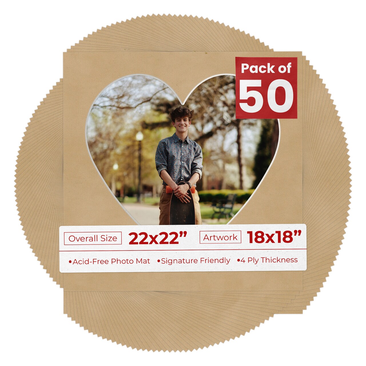 Beige Suede Mat Board for 22x22 Frames - Heart Opening for 18x18 Photos